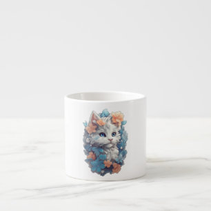Cute White Floral Kitty Cat Espresso Cup