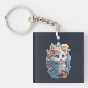 Cute White Floral Kitty Cat Keychain