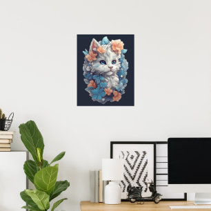 Cute White Floral Kitty Cat Poster
