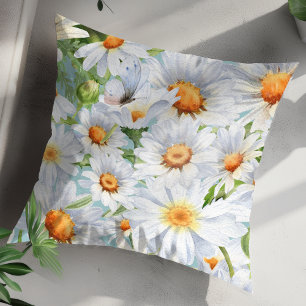 Cute White Floral Vintage Watercolor Daisies  Throw Pillow