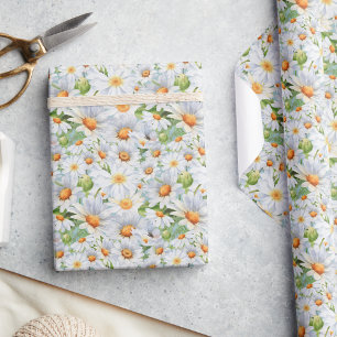 Cute White Floral Vintage Watercolor Daisies Wrapping Paper