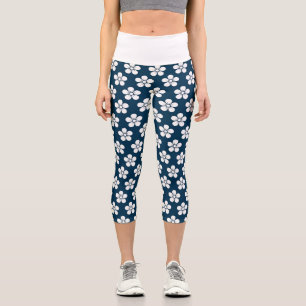 Cute White Flower Pattern on Dark Blue Capri Leggings