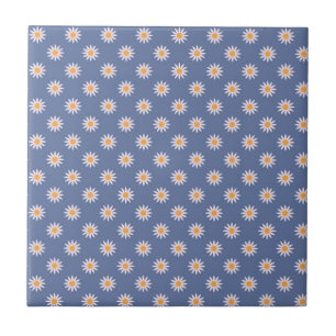 Cute White Flowers on Blue Pattern Tile