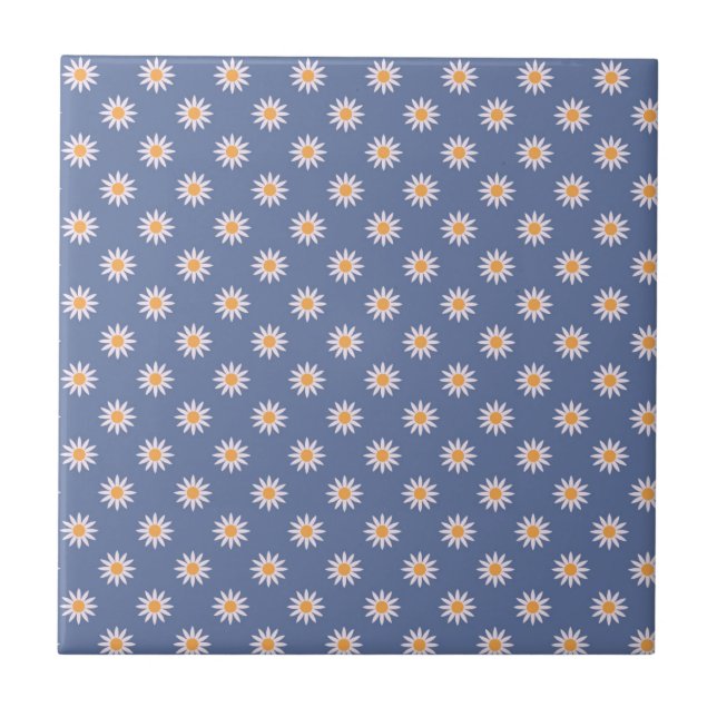 Cute White Flowers on Blue Pattern Tile (Front)
