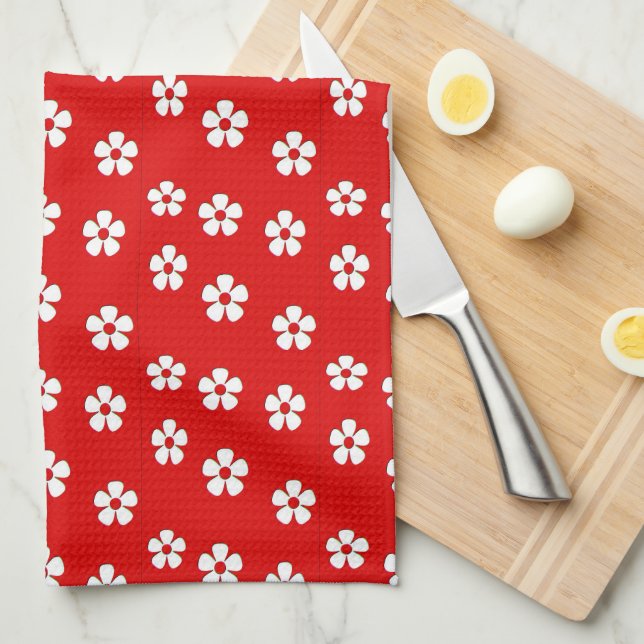 Cute white flowers on red kitchen towel (Quarter Fold)