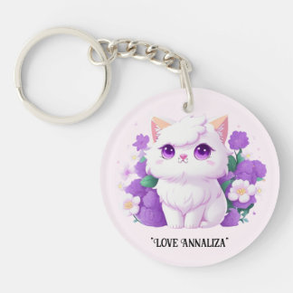 Cute White Fluffy Persian Cat with Morning Glory Keychain