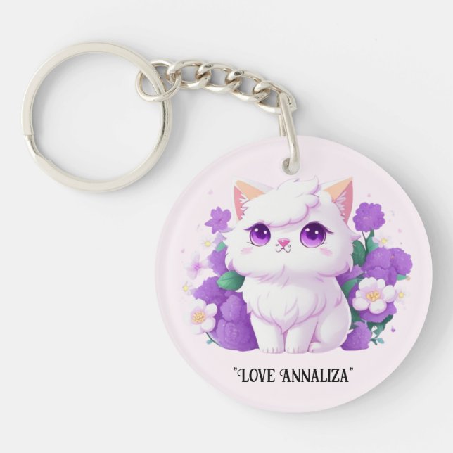 Cute White Fluffy Persian Cat with Morning Glory Keychain (Front)