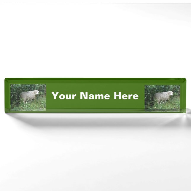 Cute White Fluffy Sheep Eating Nameplate (Front)
