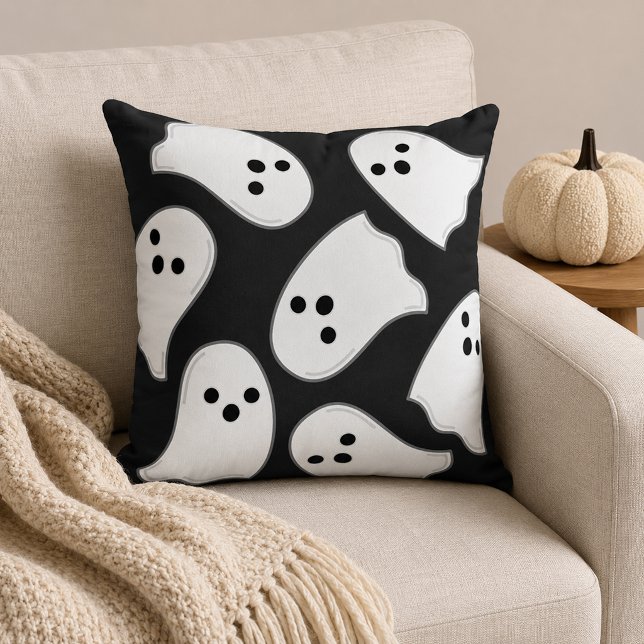 Cute White Flying Ghost Pattern Black Halloween Throw Pillow (Creator Uploaded)