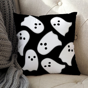 Cute White Flying Ghost Pattern Black Halloween Throw Pillow