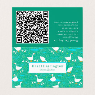Cute White Geese QR Code Folded Business Card