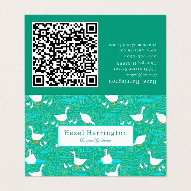 Cute White Geese QR Code Folded Business Card  (Outside Unfolded)