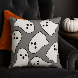 Cute White Ghost Pattern Grey Halloween Throw Pillow