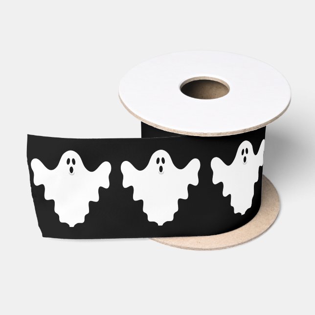 Cute White Ghosts Black Halloween Satin Ribbon (Spool)