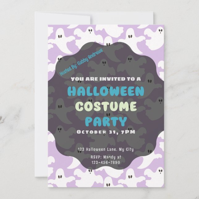 Cute White Ghosts on Soft Purple Halloween Invitation (Front)