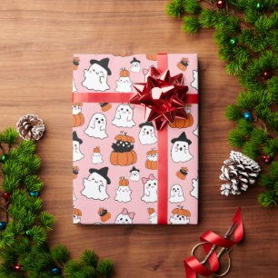 Cute White Ghosts Pattern Pink Halloween  Wrapping Paper