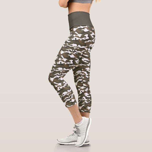Cute White & Green Camo Camouflage Capri Leggings (Left)