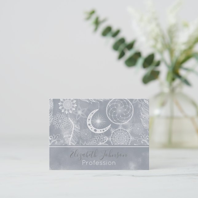 Cute White & Grey Dreamcatcher Feathers Mandala Business Card (Standing Front)