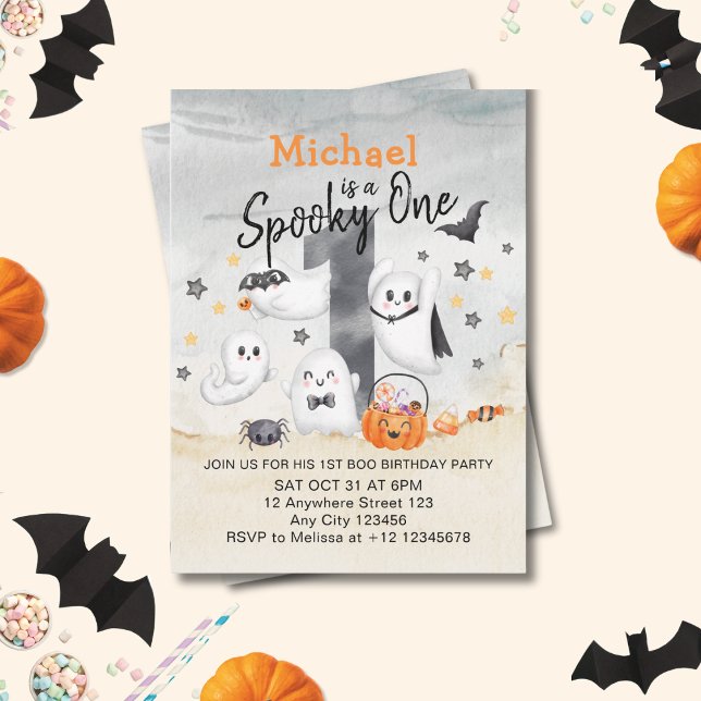 Cute White Grey Spooky One First Boo Birthday  Invitation (Creator Uploaded)