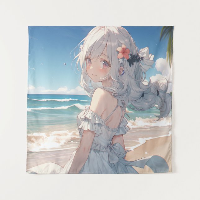 Cute white haired anime girl on the beach tapestry (Front)