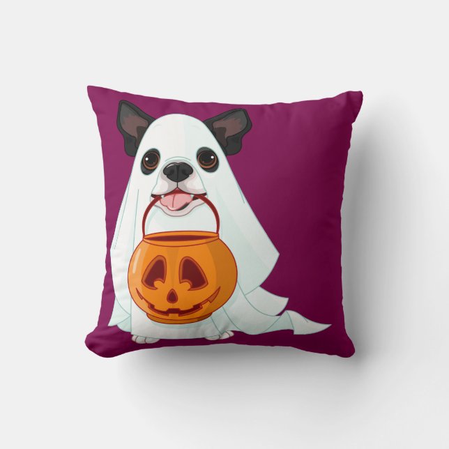 Cute White Halloween Ghost Dog Pumpkin Pail Art Throw Pillow (Front)