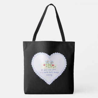 "Cute White Heart Floral Doodle Black Tote Bag | A