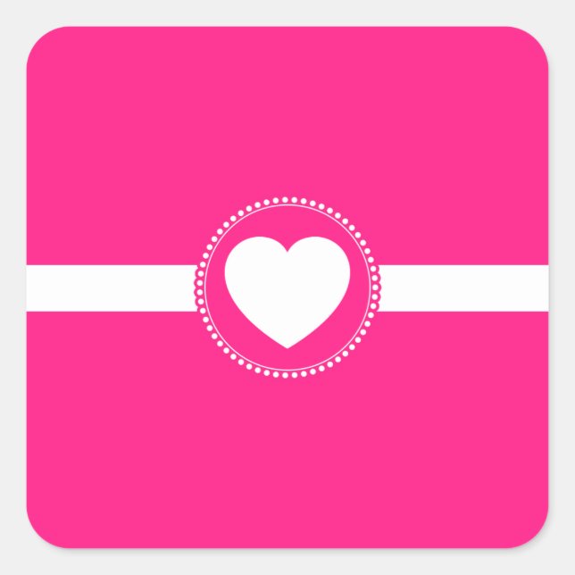 Cute White Heart in Scalloped Circle on Hot Pink Square Sticker (Front)