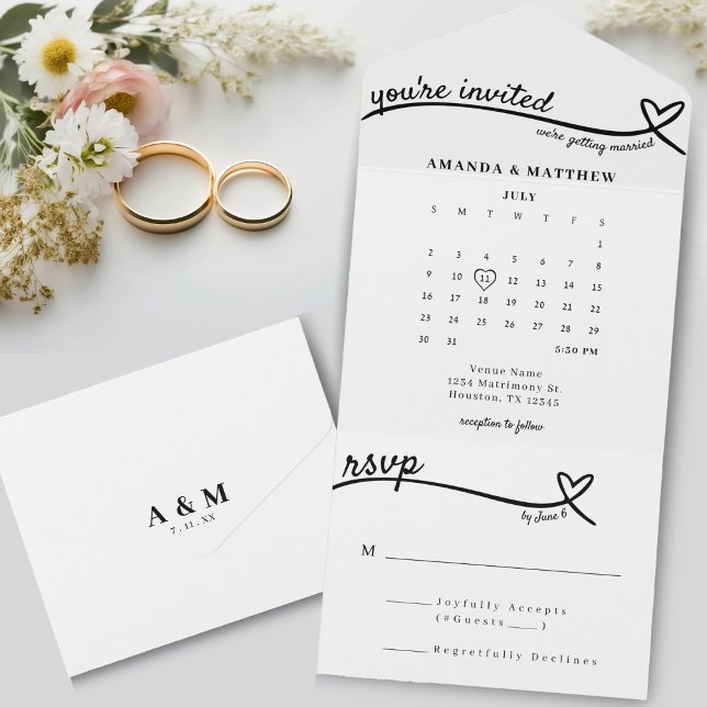 Cute White Heart Line Monogram Calendar Wedding  All In One Invitation (Cute White Heart Line Monogram Calendar Wedding All In One Invitation
)