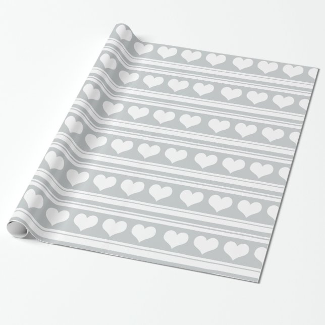 Cute White Heart Stripes Pattern Grey Wrapping Paper (Unrolled)