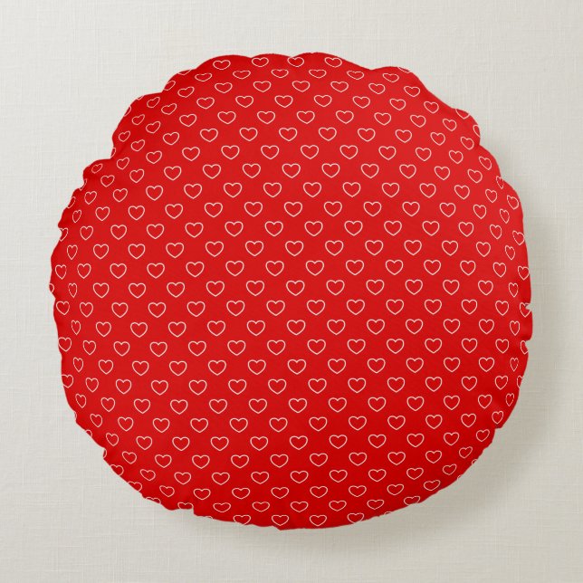Cute White Hearts Pattern On Lovely Red Round Pillow (Front)