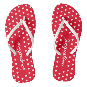 Cute White Hearts Rosy Red Flip Flops