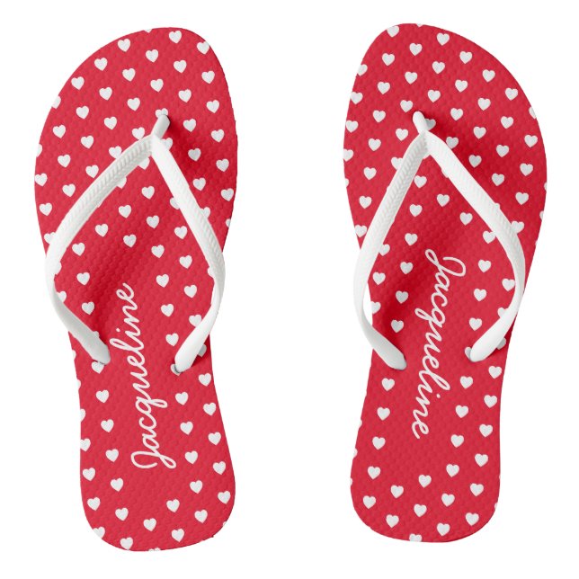 Cute White Hearts Rosy Red Flip Flops (Footbed)
