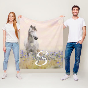 Cute White Horse Purple Flower Monogram Fleece Blanket