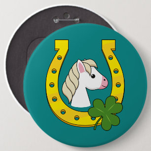 Cute White Horse w Golden Horse Shoe, Shamrock 6 Inch Round Button