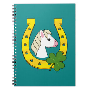 Cute White Horse w Golden Horse Shoe, Shamrock  Notebook
