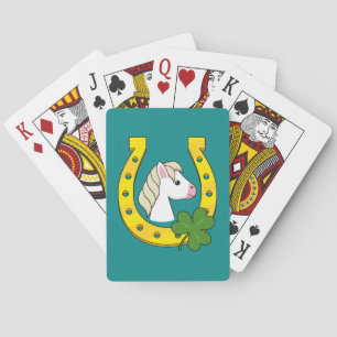 Cute White Horse w Golden Horse Shoe, Shamrocks Playing Cards