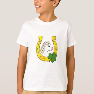 Cute White Horse w Golden Horse Shoe, Shamrocks  T-Shirt