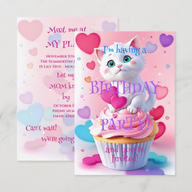 Cute White Kitten and Cupcake Girly Birthday Party Invitation (Front/Back)