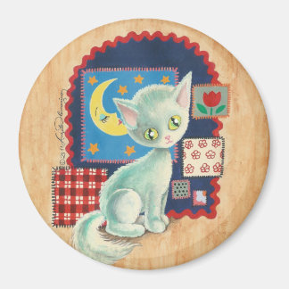 Cute White Kitten and Quilt Patchwork Art Magnet