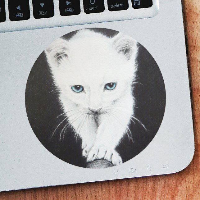 Cute white kitten Animal drawing art Cat lovers Classic Round Sticker (Creator Uploaded)