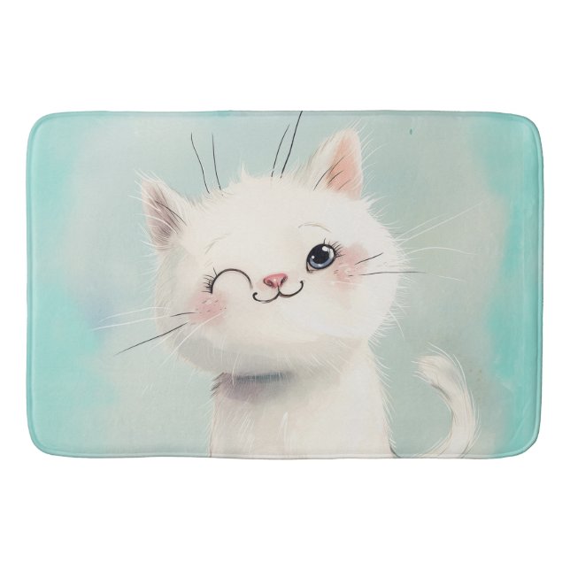 Cute White Kitten Bath Mat (Front)