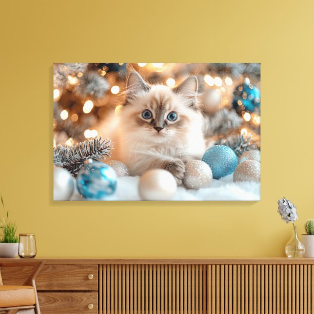 Cute White Kitten Celebrating Christmas Canvas Print (Insitu(LivingRoom))