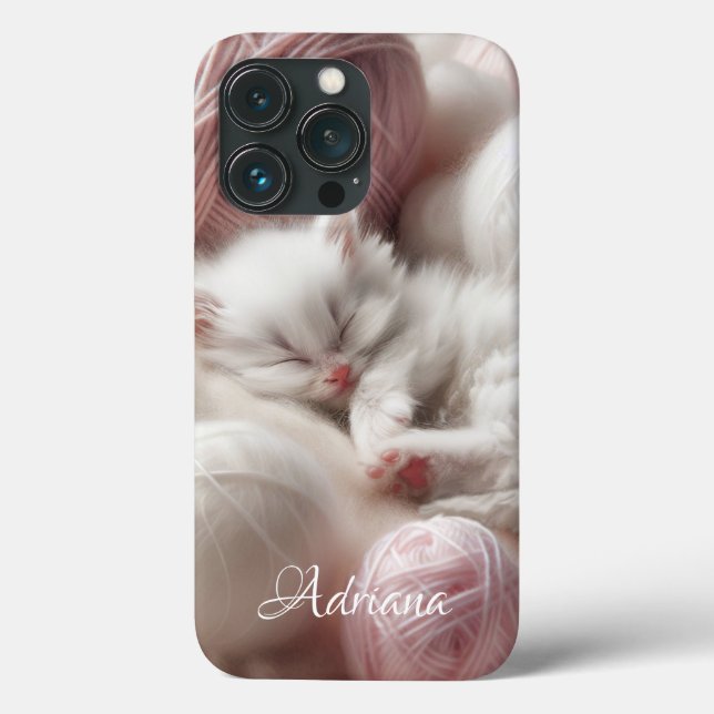 Cute White Kitten in Balls of Yarn Personalized Case-Mate iPhone Case (Back)
