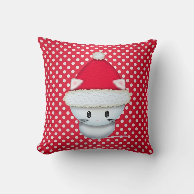 Cute White Kitten in Santa Hat Red Polka Dot Throw Pillow (Front)