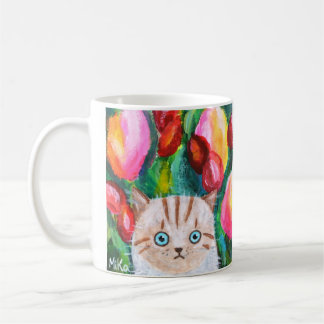 Cute White Kitten In Tulip Garden Colorful Pretty Coffee Mug