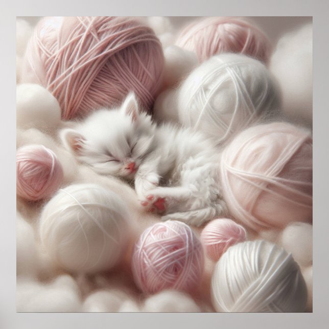 Cute White Kitten Napping in Yarn Poster (Front)