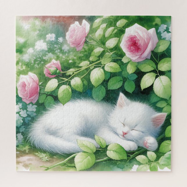 Cute White Kitten Napping Under Rosebush Jigsaw Puzzle (Vertical)