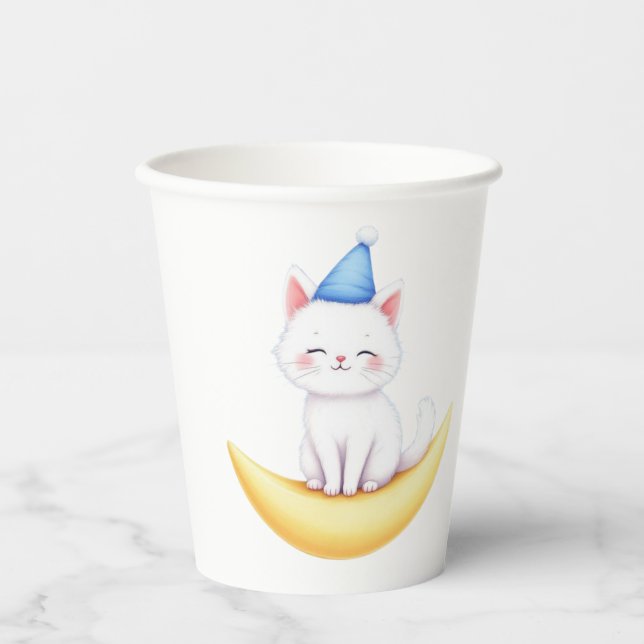 Cute White Kitten on Moon Paper cup (Front)