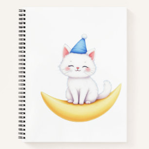 Cute White Kitten on Moon Spiral Notebook