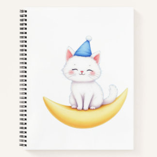 Cute White Kitten on Moon Spiral Notebook